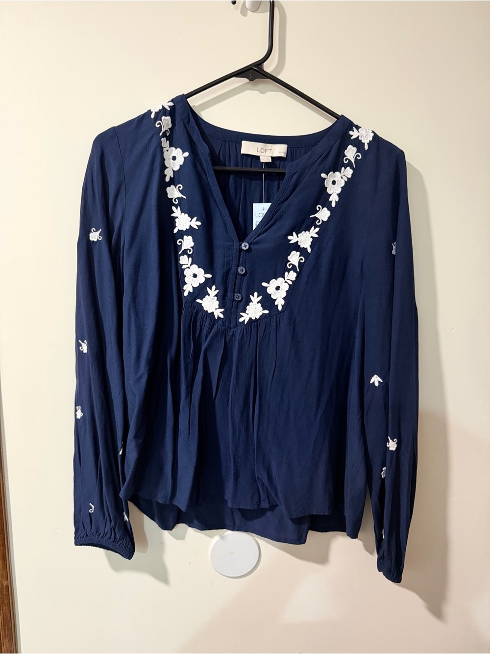 LOFT Navy Blouse with White Floral Embroidery